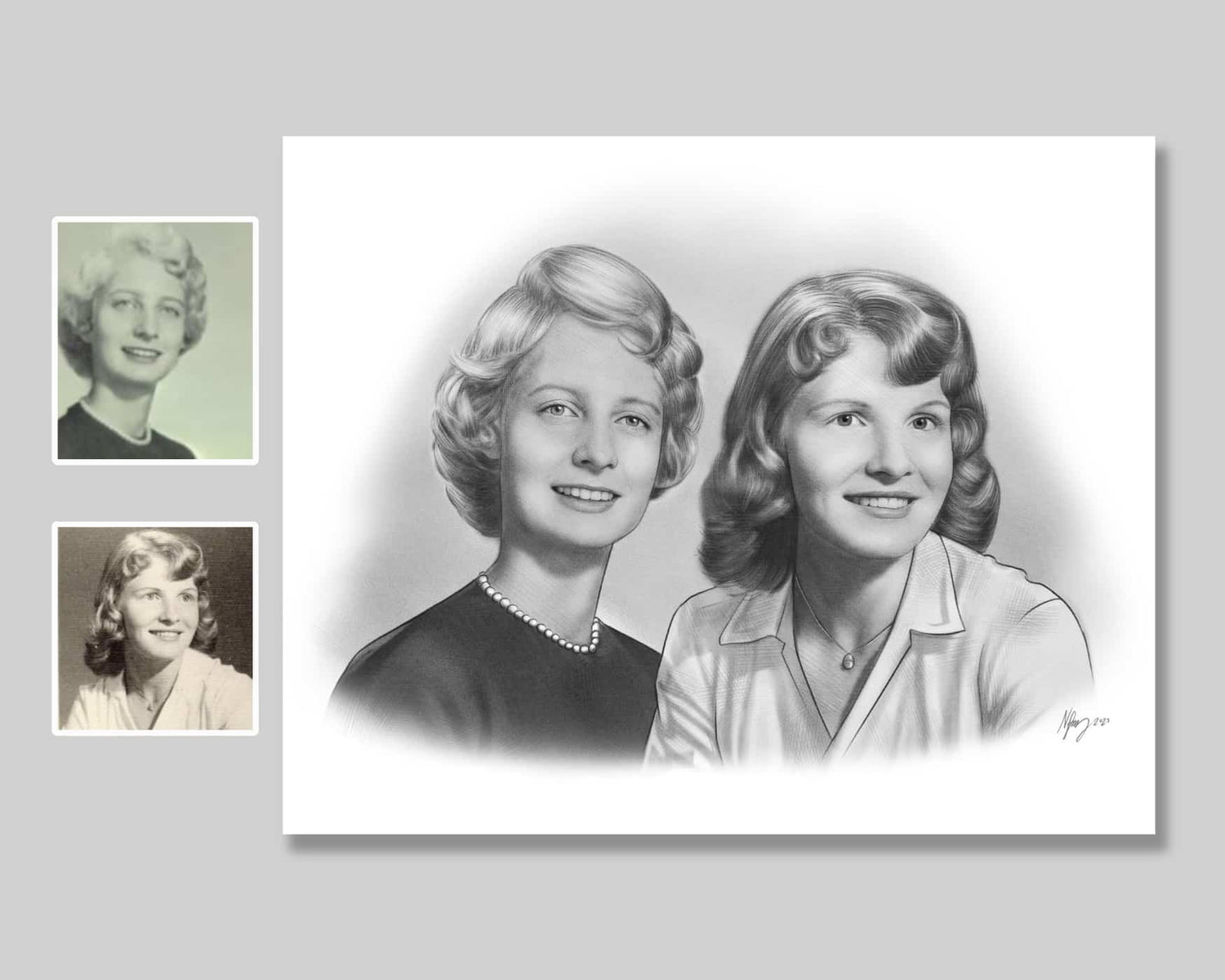 A blended portrait from vintage photos of two women