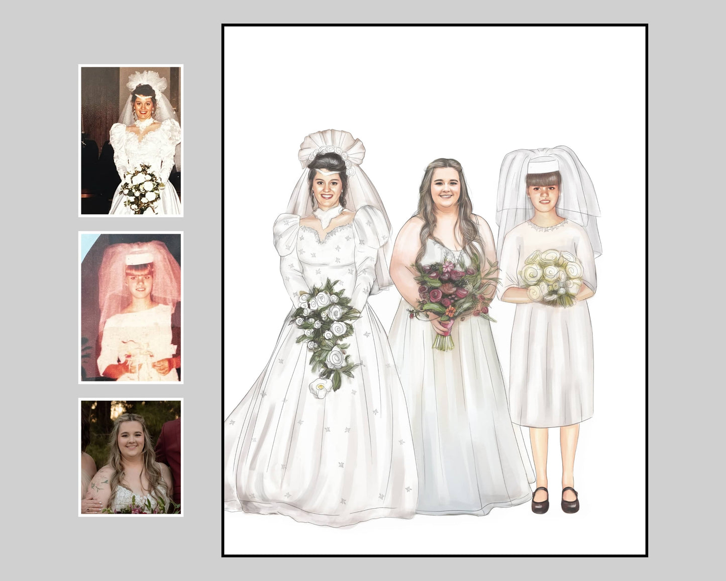 Hand-painted watercolor portrait of a bride and two guests, with old photo included, personalized wedding memory