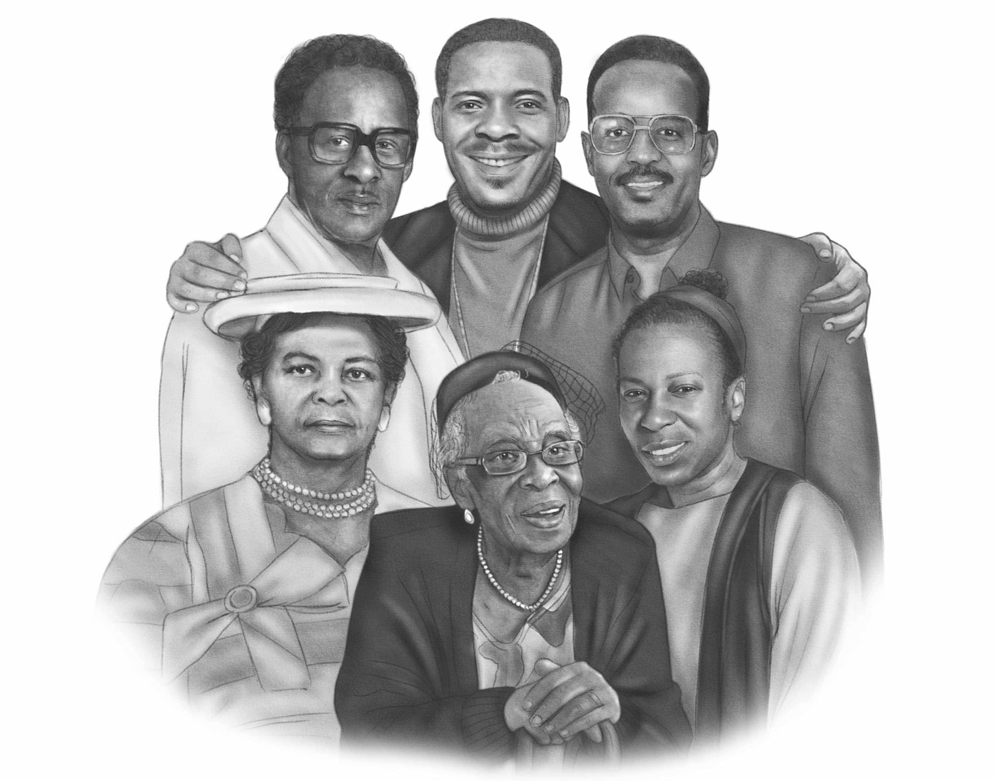 Charcoal portrait of a family.