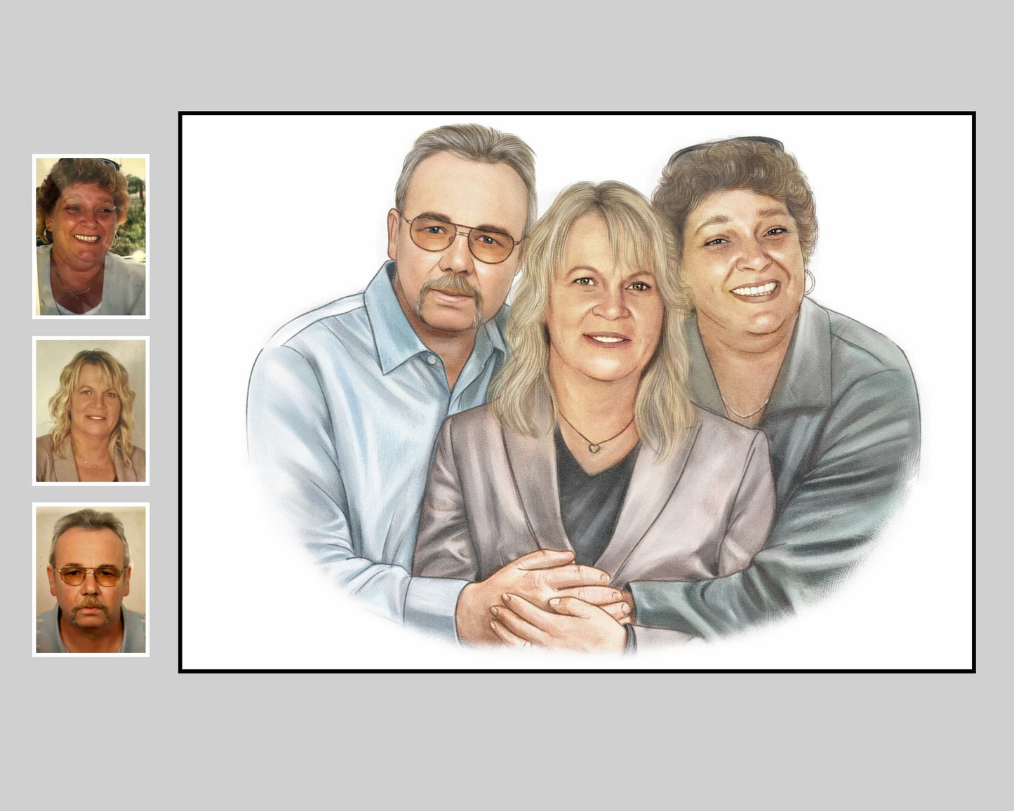 Before and after pastel artwork of family of three, that are combined from photos