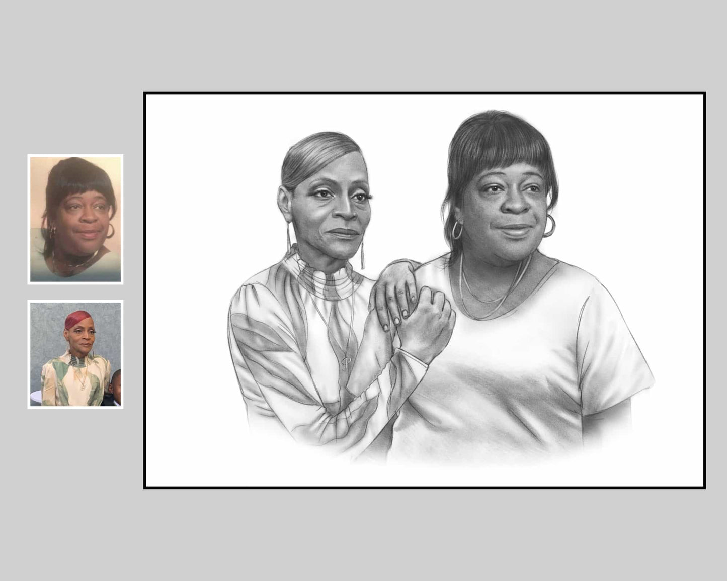 Personalized black and white art of two women, a detailed portrait based on photo references.