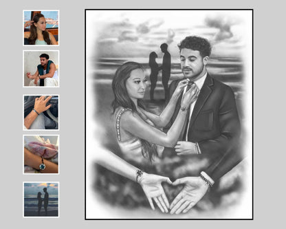 Pencil portrait of a couple, highly detailed custom digital artwork created from photo references.
