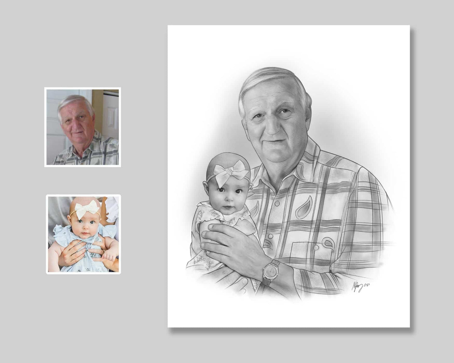 Custom sketch portrait of a grandpa and baby girl