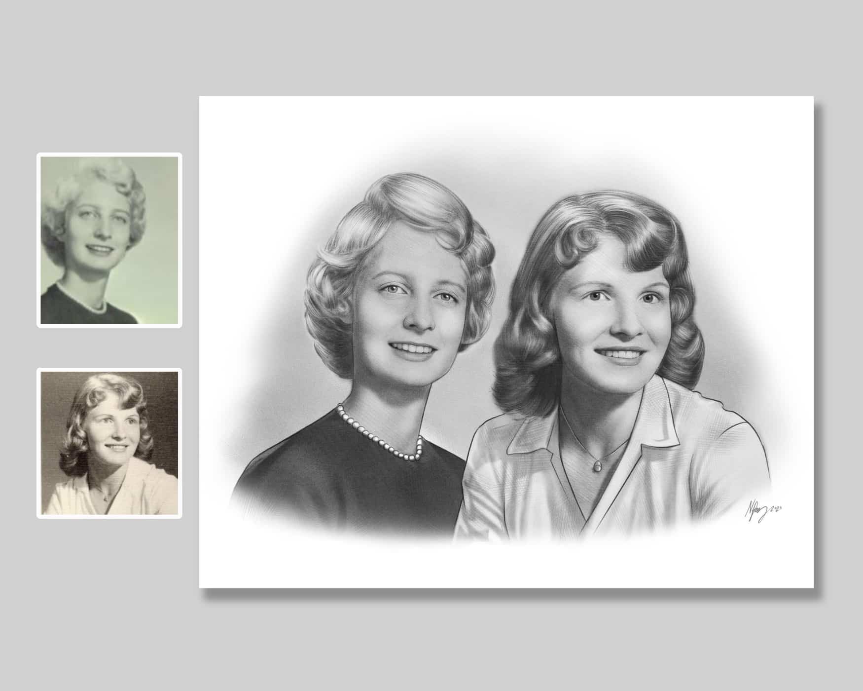 A blended portrait from vintage photos of two women