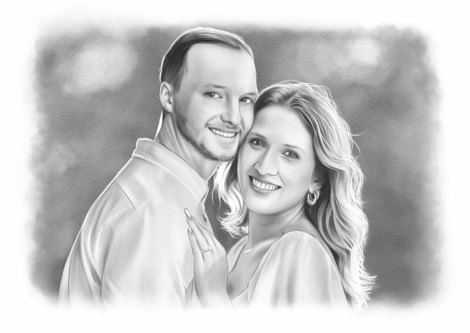 Personalized black and white art of a couple, a detailed head to shoulder portrait.