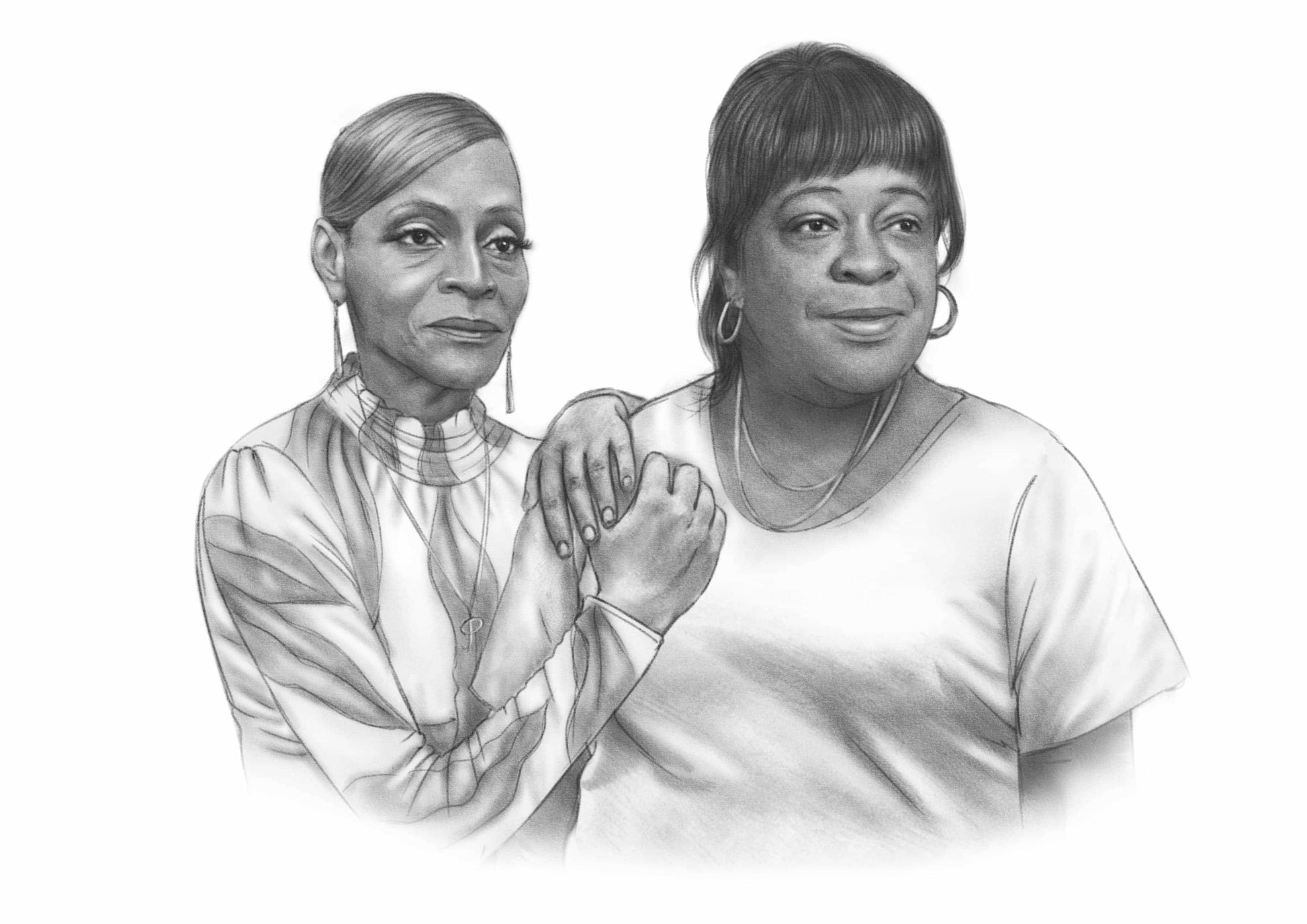 Personalized black and white art of two women, a detailed pencil portrait.