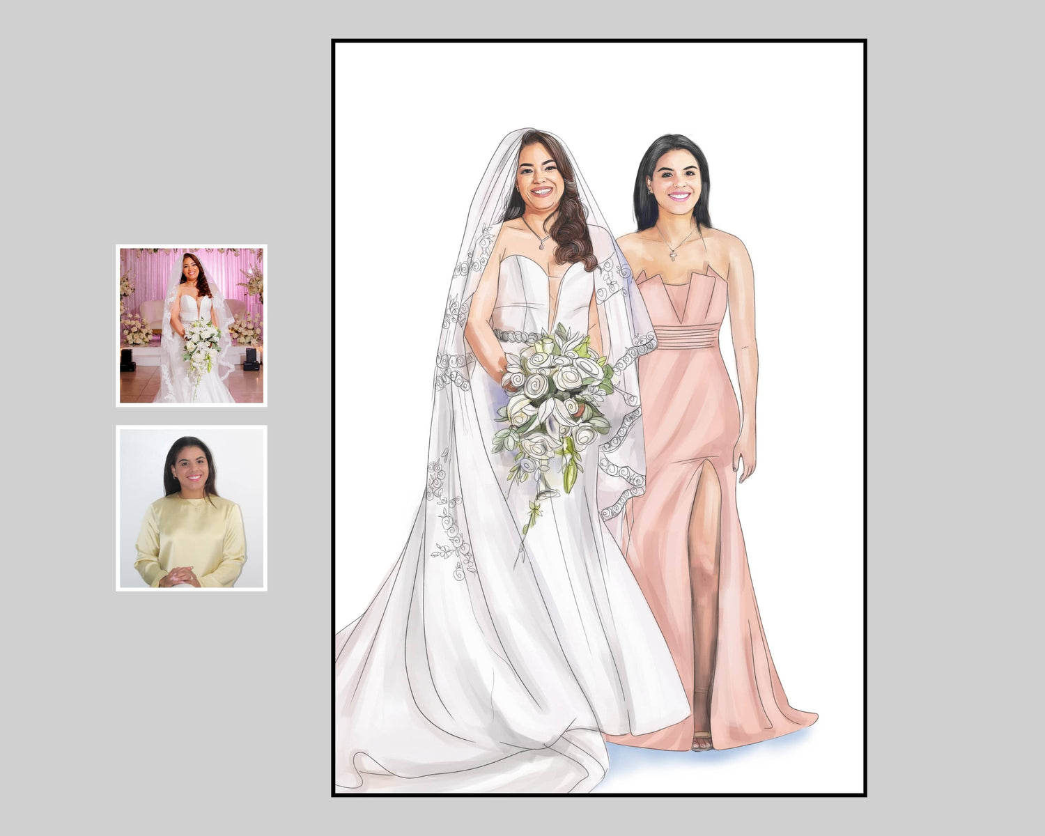 Watercolor portrait of a bride and guest, wedding memory artwork, created from your photo.