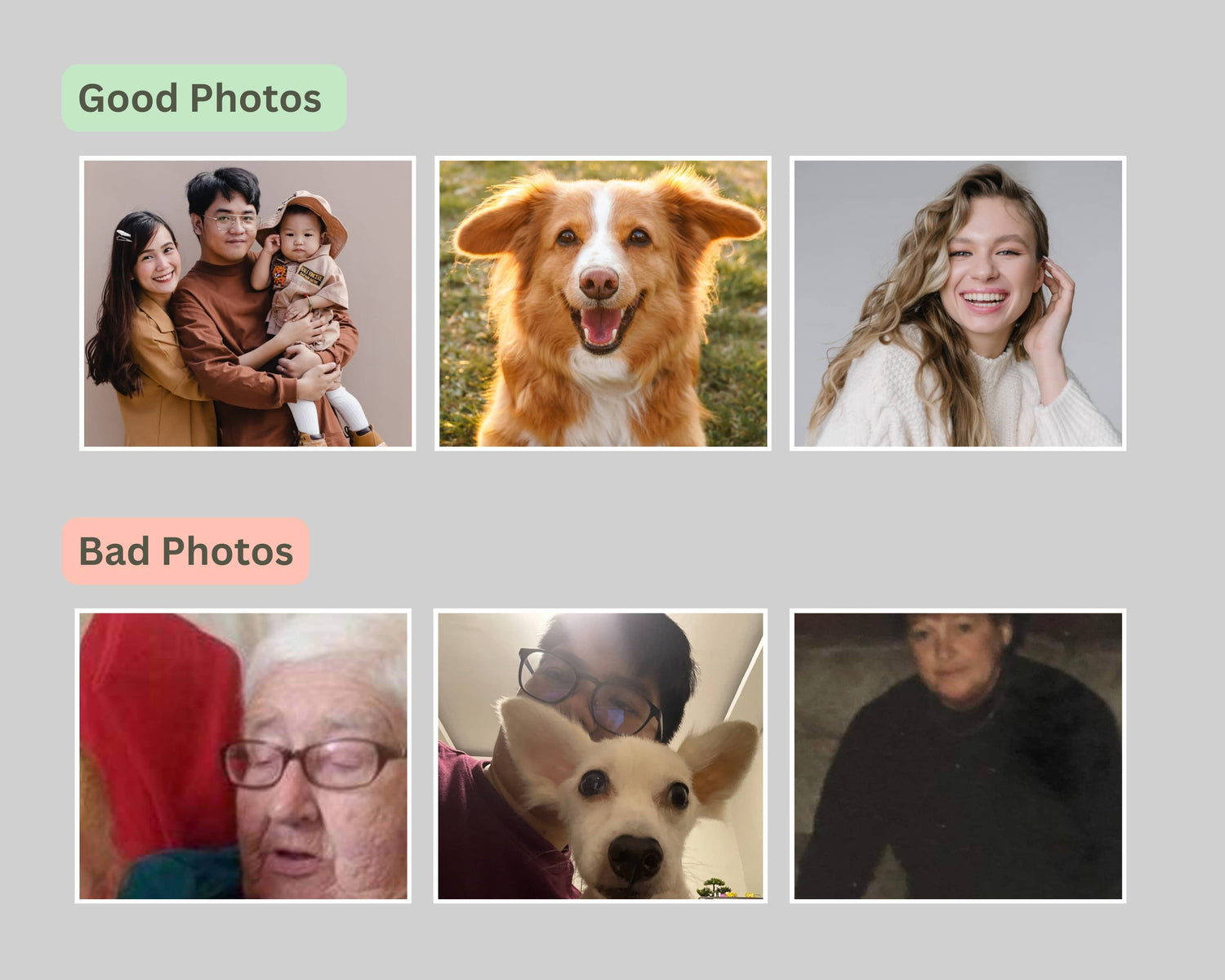 Good and bad photos to upload examples