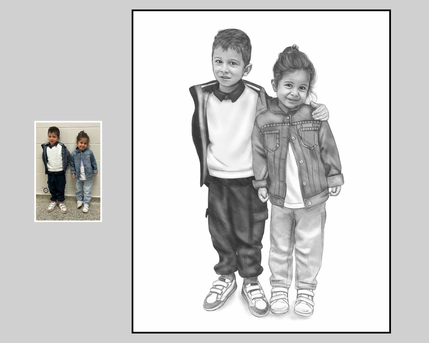 Pencil portrait of kids, custom digital artwork created from photo references.