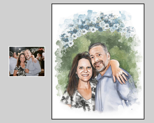 Custom watercolor portrait of a man and woman, romantic couple artwork