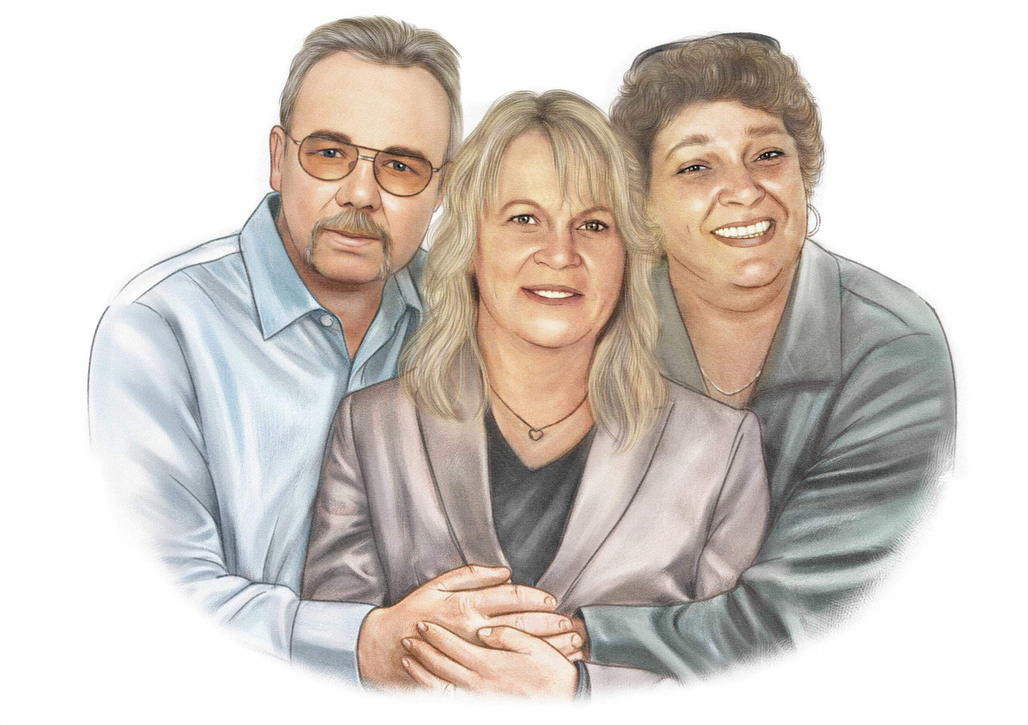 Custom colored pastel portrait of three adults, man and two women, family artwork that are combined from photos