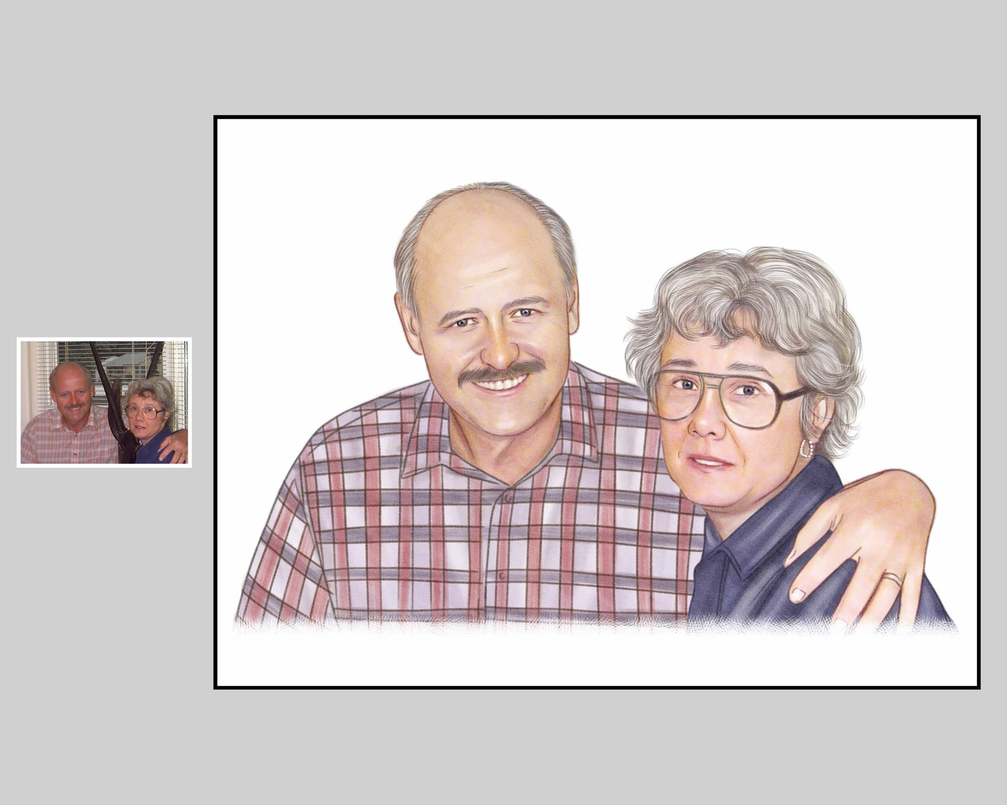 Pastel artwork of an old couple, man and woman, created from cherished photos